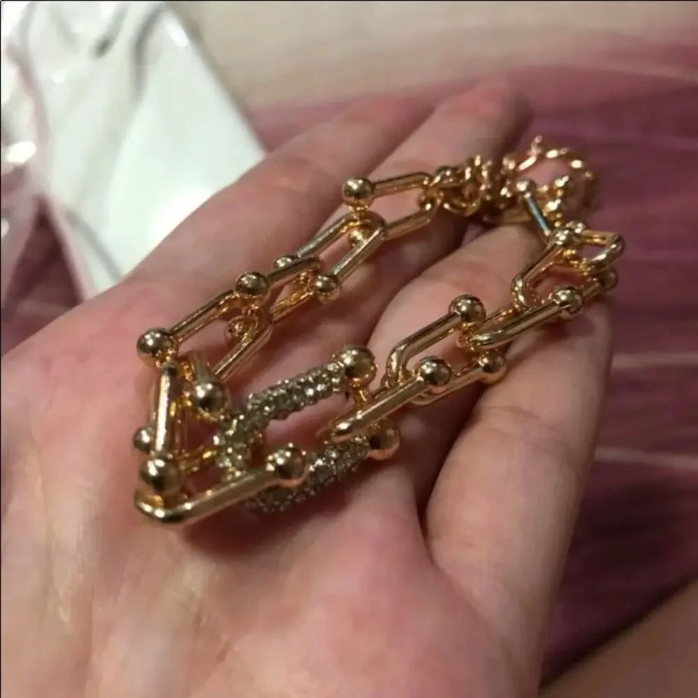 GOLD RHINESTONE U LINK BRACELET 2 PIECE BRACELET SET